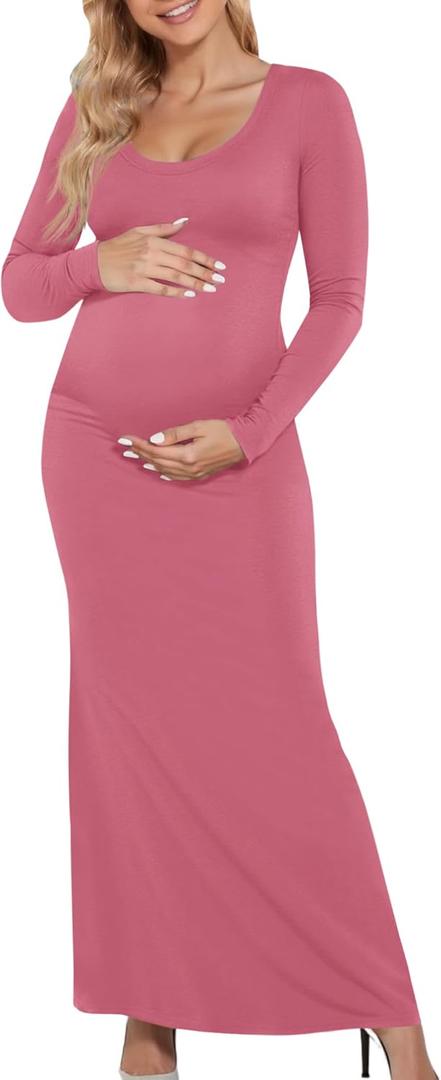 Yousify Womens Scoop Neck Maternity Maxi Dress Split Long Sleeve Slim Fit Split Casual Pregnancy Clothes for Baby Shower (Large, Dark Pink)