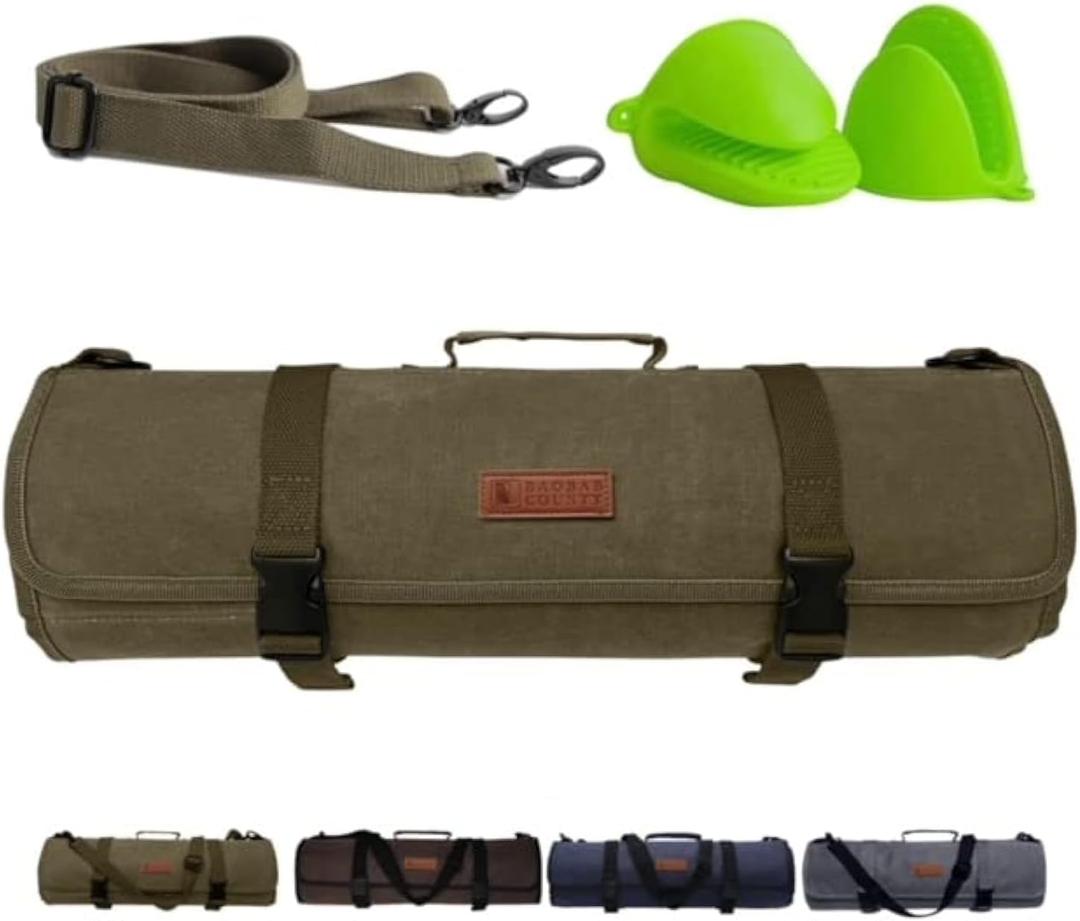 Chef Knife Roll Bag - Premium 12oz Waxed Canvas Chef Knife Case, 11 Slots - Ideal Chef's Knife Bag for Carving Knives, Cleaver, Chef Tools & Utensils - Oven Mitts Included (Army Green)