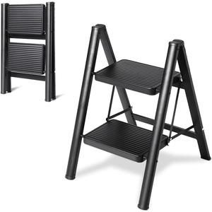 2 Step Ladder Folding Step Stool, Heavy Duty 330 Lbs Load Stepladder, Small Kitchen/Closet Ladder for Adults/Kids, Lightweight Step Ladder 2 Step Folding with Anti-Slip Wide Pedal for Home by OOSOFITT (Black)