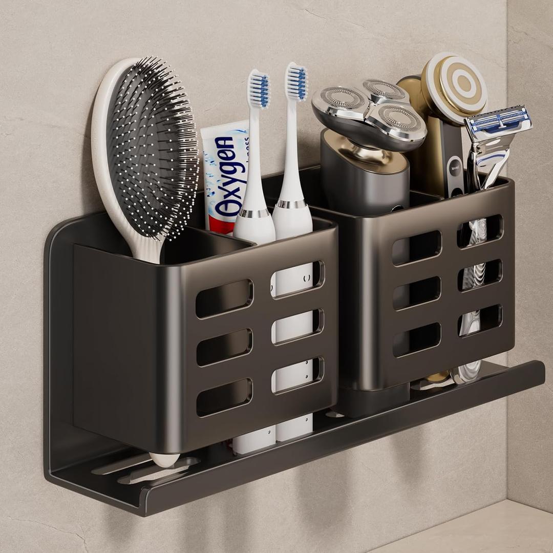 Aluminum Toothbrush Holder Self-Adhesive Hanging Bracket Shower Toothbrush Razor Holder Suitable for Toothbrush, Toothpaste, Razor and Comb etc. Bathroom Storage (Black four slots)