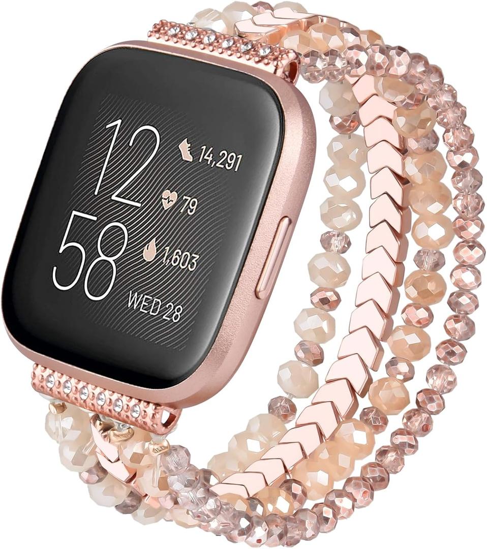 CAGOS Bracelet Compatible with Fitbit Versa 4 Bands/3/Sense/Sense 2 for Women, Handmade Beaded Elastic Replacement Wristband for Versa 2/1/Lite Watch/Special Edition Watch (Rose Gold)