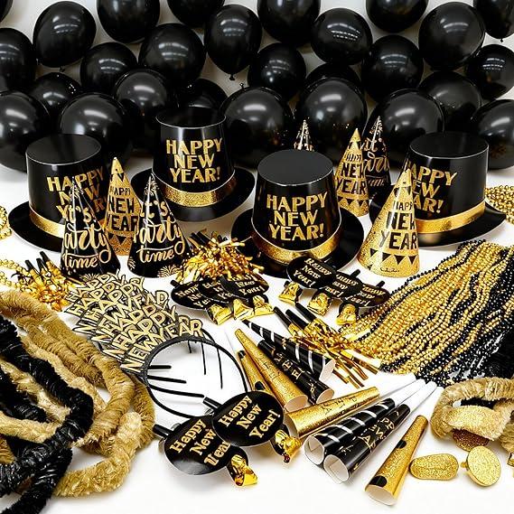 370 Pcs New Years Eve Party Supplies 2026 for 100 Guests Include Black and Gold Hat Noise Makers Headband Cone Hats Bead Necklace Flower Necklace Happy New Year Party Favors Decor Bulk Kit