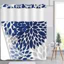No Hook Shower Curtains,Blue Dahlia Floral Shower Curtains for Bathroom,Retro Aesthetic Petal,Fashionable Navy Blue Grey Plant Flowers,with White Removable Liner,71x74 Inch