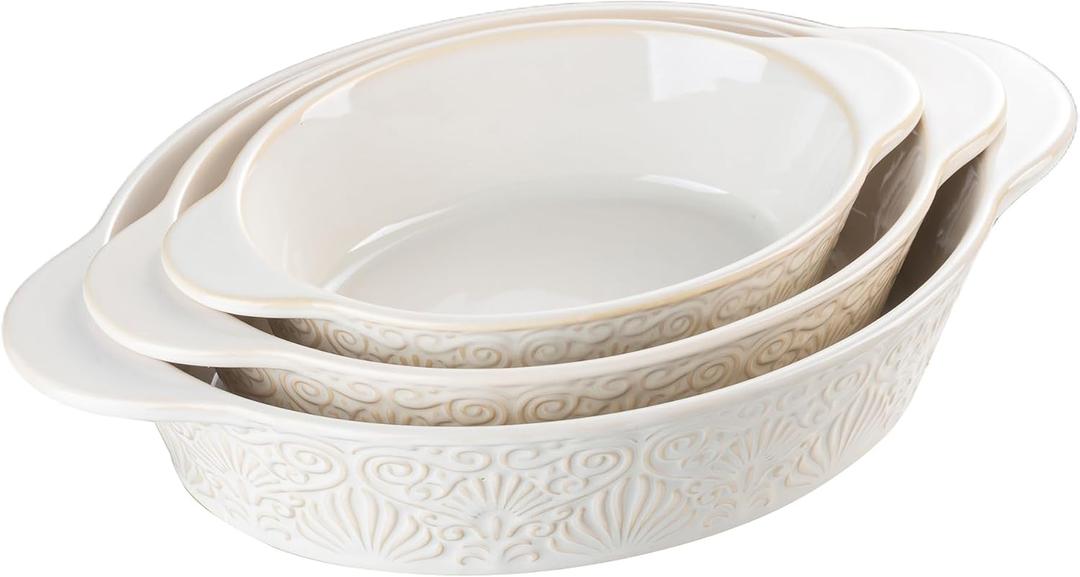Dafuceramic Casserole Dishes for Oven Sets of 3, Ceramic Oval Baking Dish, Au Gratin Baking Pans with Handles for Roasting, Lasagna, Pie, Baking Meat & Vegetables (Beige White)
