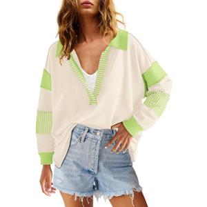 ReachMe Womens Oversized Striped Sweatshirts V Neck Loose Fit Tunic Colorblock Polo Shirts Patchwork Pullover Tops(Beige&Green, S)
