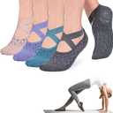 Ozaiic Pilates Socks for Women Non Slip Grip, Yoga Socks with Grippers for Barre, Hospital, Ballet, Dance, Barefoot Workout, 4 Pairs