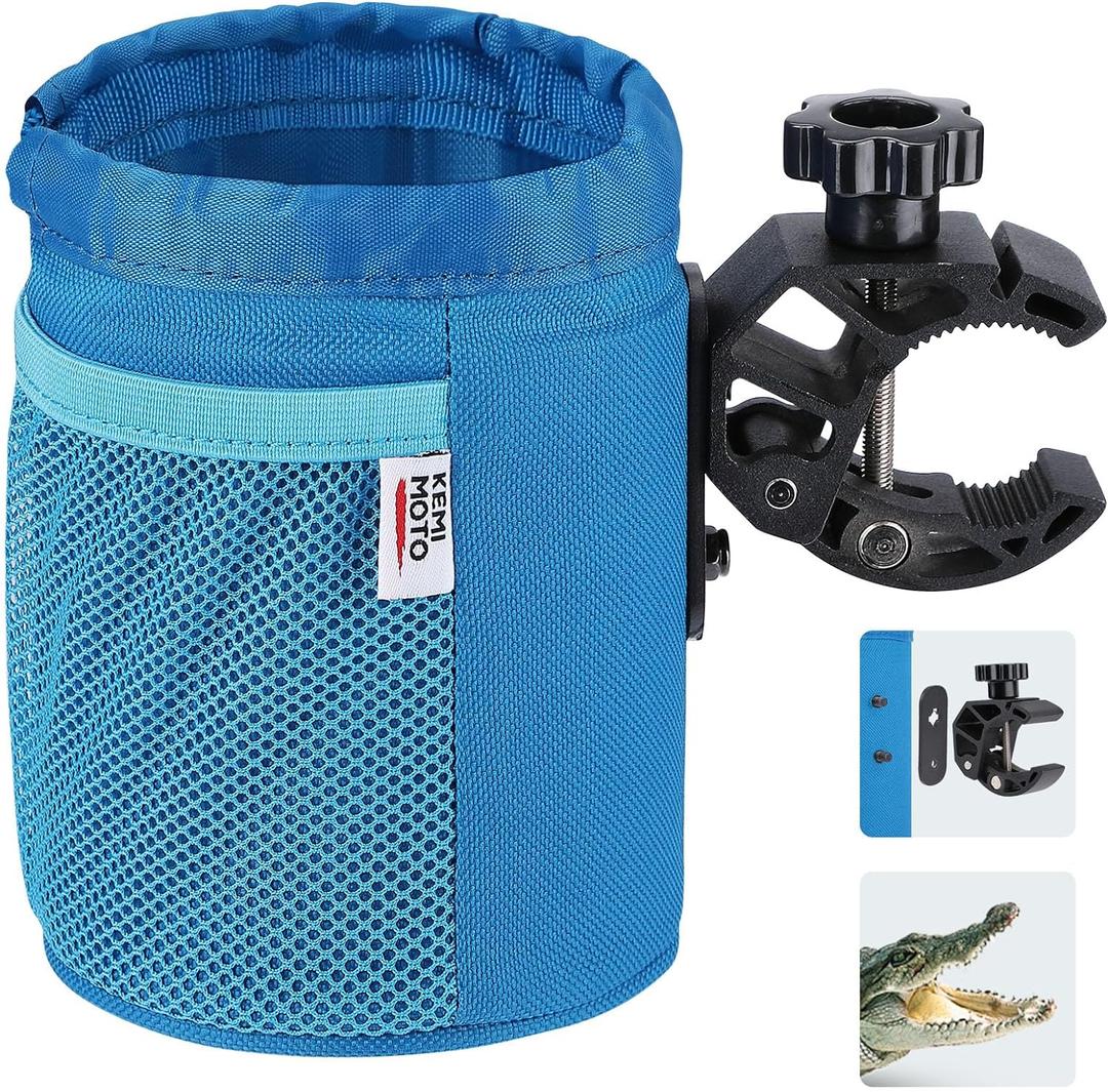 KEMIMOTO Motorcycle Cup Holder, Oxford Fabric Motorcycle Drink Holder with 0.6"-1.5" Alligator Clamp, Universal Water Bottle Cup Accessories for Bike, ATV/UTV, Scooter, Boat, Walker, Blue (1 PC,Medium)