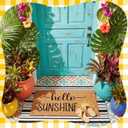 Moucuny 2 Pcs Summer Hello Sunshine Coir Door Mat 24'' x 35'' Black and White Striped Outdoor Rug 16'' x 28'' Yellow Sunshine Coir Doormat Non Slip Seasonal Welcome Doormat for Porch Front Decor