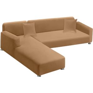 Sectional Couch Covers 2-Piece Softness L Shaped Sofa Cover Super Stretch L-Type Couch Slipcover with 2Pcs Pillowcases Sofa Slipcover 3 Seater + 3 Seater Furniture Protector (Camel)