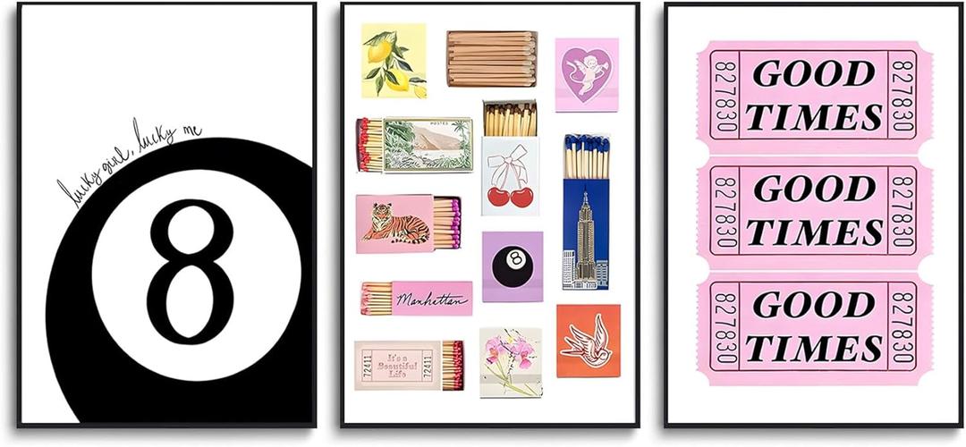 MTFBWY Trendy Matchbox Wall Art, Vintage Matchbook Posters, Retro Ticket Good Times Wall Decor Prints Preppy Black 8 Ball Poster, Aesthetic Pictures Prints Retro Bar Cart Art Set Of 3 12"X16" Unframed