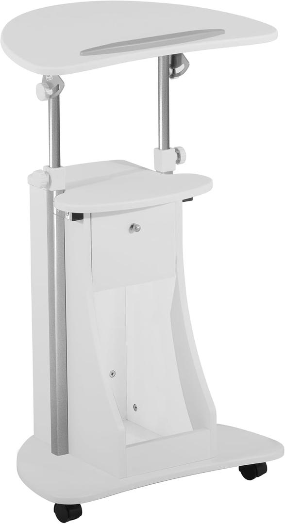 Adjustable Height Rolling Laptop Cart with Storage, Sit to Stand Desk with Wheels, Podium Stand or Medical Cart, White, 17"d X 21.75"w X 45.5"h
