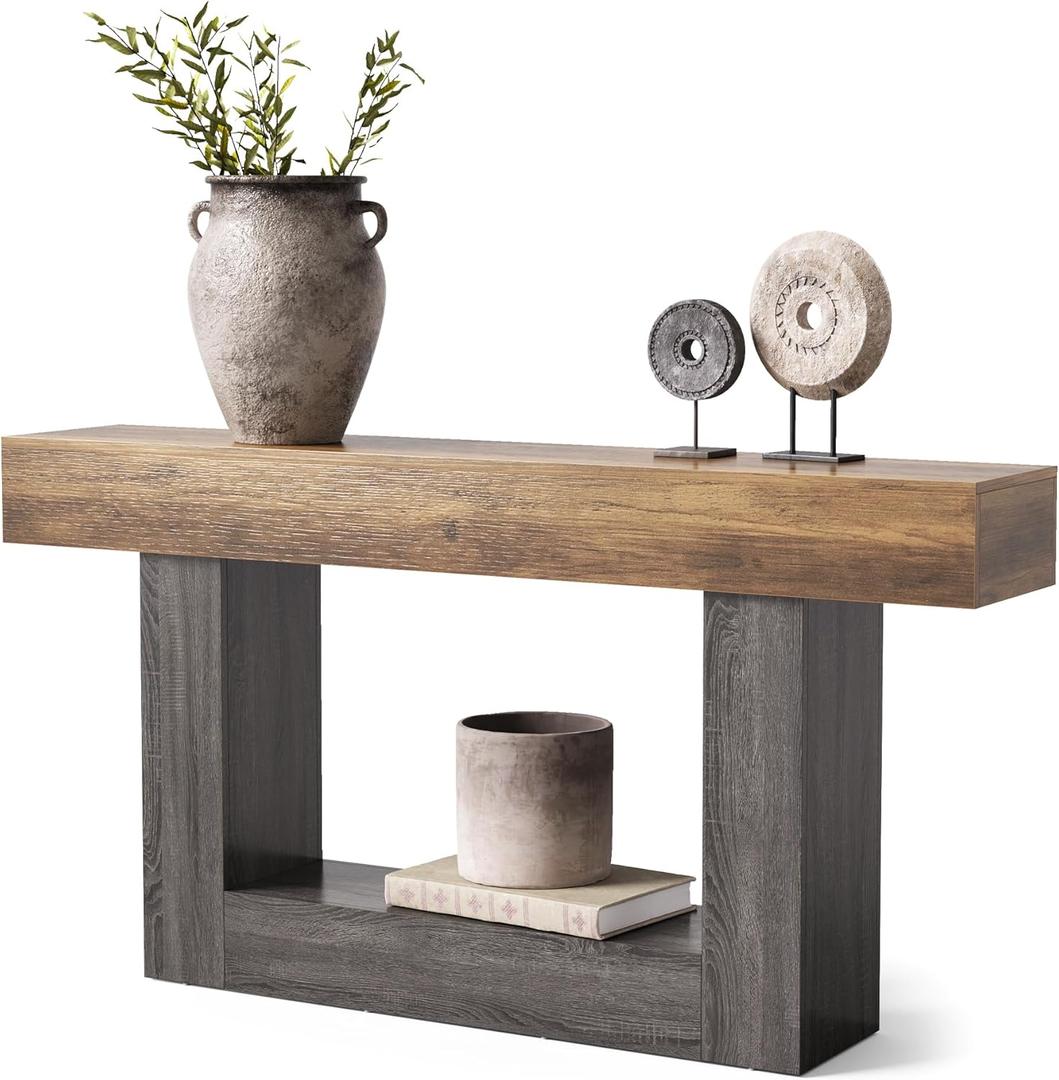 LITTLE TREE 63 Inches Long Console Table, 2-Tier Farmhouse Sofa Table Behind Couch, Large Narrow Entryway Table for Living Room, Wooden Hallway Foyer Table with Heavy Duty Base, Rustic Brown and Grey