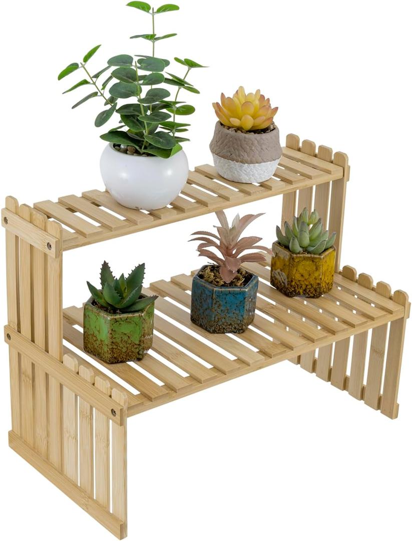 MyGift Natural Bamboo Indoor Plant Stand for Desk, 2 Tier Desktop Shelf Organizer Rack with 2 Slatted Shelves (SandyBrown)
