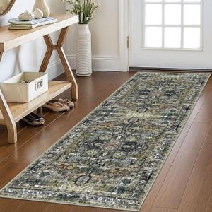 KOZYFLY Runners for Hallways 2x6 Ft Washable Kitchen Runner Rug Boho Runner Rug for Entryway Indoor Printed Oriental Faux Wool Floor Carpet Runner for Bedroom Kitchen Hall, Moss Green/Olive Grove