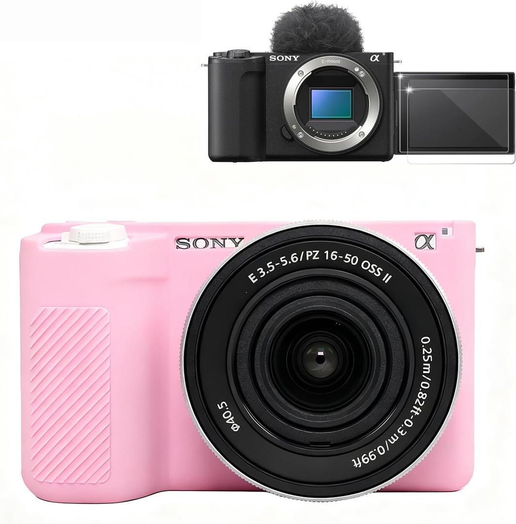 Case for Sony Alpha ZVE10 II Camera Accessories, ZV-E10 II Soft Silicone Protective Case with Screen Protector, Sleeve, Lightweight, Anti-Scratch for Sony ZV E10 II Cover (Pink)