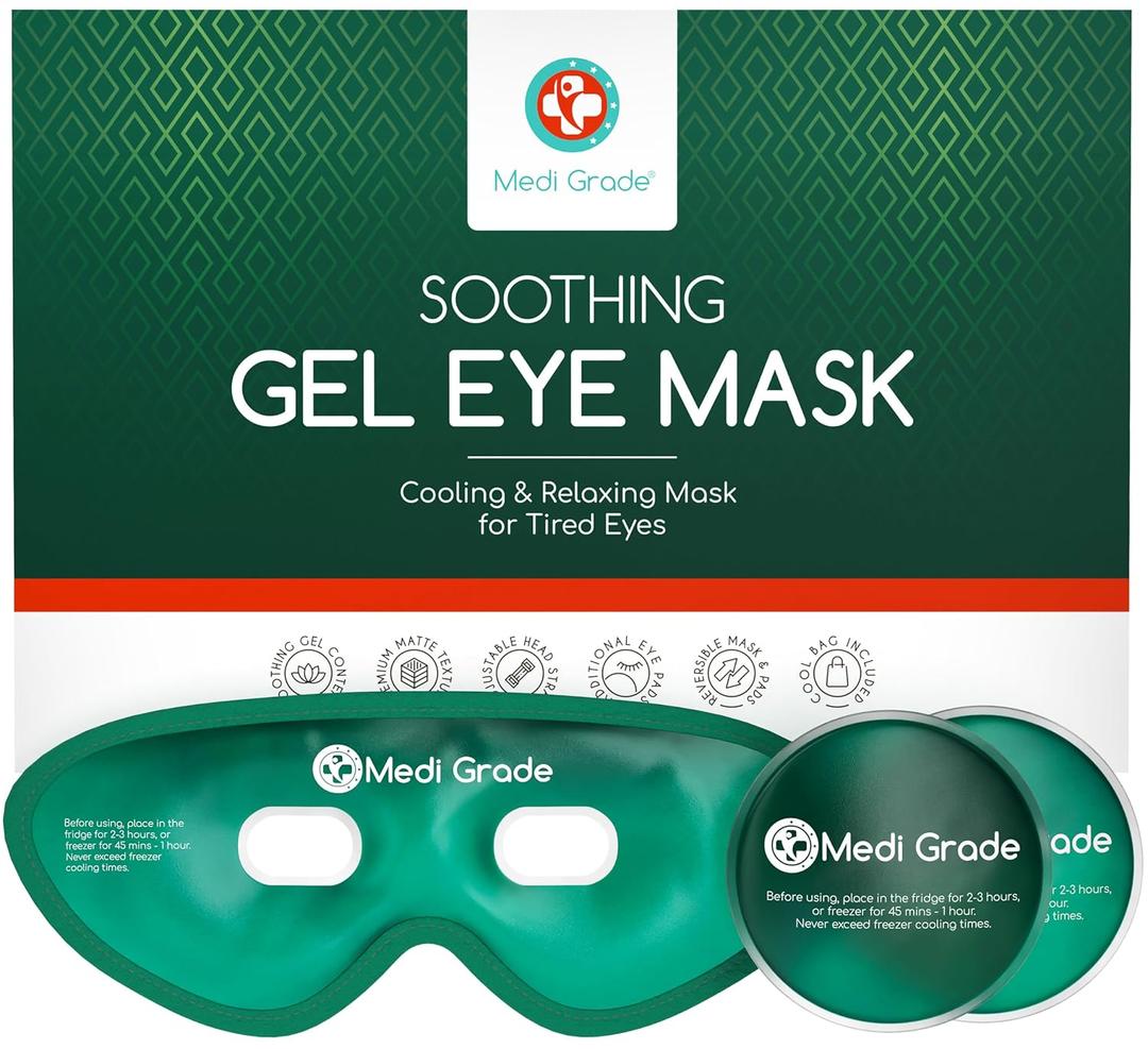 Medi Grade Cooling Eye Mask for Puffy Eyes, Allergies, Sinuses - Reusable Gel Eye Mask and Cooling Pads with Thermo-Bag for Dark Circles, Hangovers and Migraine Relief - Cold Eyemask