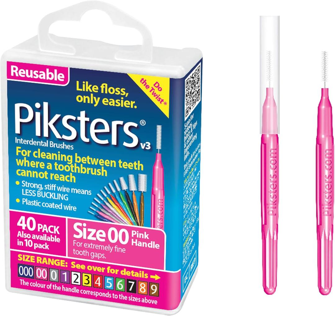 Piksters Interdental Brushes, 40 pk, Size 00, Interdental Tooth Brush for Extremely Tight Gaps, Gum Soft Bristles for Plaque Removal, Safe for Braces (40 Count (Pack of 1))