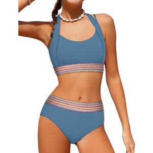 Girls Swimsuit 2 Piece Color Block Halterneck Bikini Sets with Adjustable Straps High Waist Girls Bathing Suits 9-16Y (11-12 Years, Grey Blue)