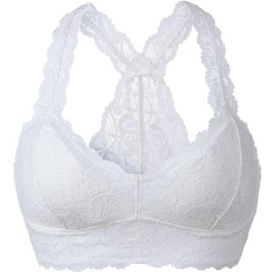 YIANNA Women White Floral Lace Bralette Padded Breathable Sexy Racerback Lace Bra Bustier Crop Top Wirefree, YA8332-White-S