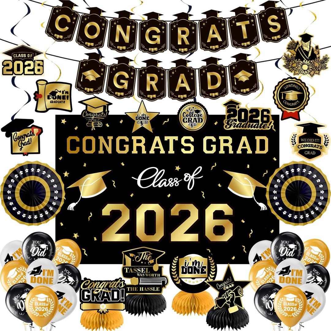 Graduation Decorations 2026 Gold Themed Set, Congrats Grad Banner Class of 2026 Backdrop Balloons and Streamers Kit High School and College Graduation Party Supplies