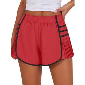 Caracilia Women Running Shorts Flowy Pleated Athletic Shorts Summer High Waisted Tennis Sporty Workout Gym Shorts Red Medium