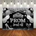 Lofaris Prom Send Off 2025 Photography Backdrop Black and Silver Crown Congrats Grad Background Celebrate Graduation Class of 2025 Prom Night Decorations Cake Table Banner 7x5ft