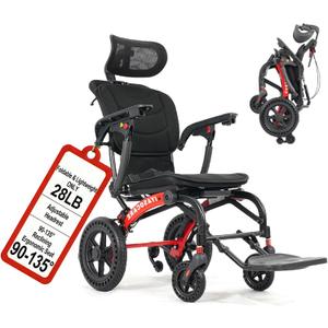 Transport Wheelchair Lightweight Foldable with Ergonomic Seat,Reclining Wheelchairs for Adults with Adjustable Headrest,Support 264LB Portable Compact Folding Travel Wheelchair,Only 28LB