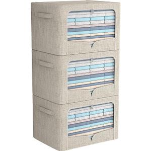 FHSQX 3 Pack Clothes Storage Bins - Foldable Metal Frame Storage Box - Stackable Linen Fabric Container Organizer Set with Carrying Handles and Clear Window (Beige, 19.7x15.7x13inch(66L))