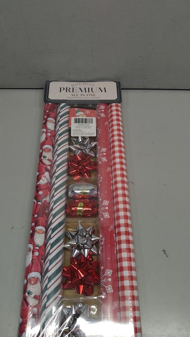 Christmas Wrapping Paper Set, Classic Santa & Snowflake & Plaid Design with Gift Bow & Ribbons & Tags, Perfect for Holiday, Season Party, 30 Inch X 10 Feet (4Rolls, 100 sq.ft.ttl.)