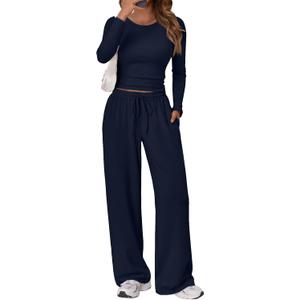 Trendy Queen Women's 2 Piece Matching Lounge Set Long Sleeve Side Ruching Top Wide Leg Drawstring Pants Set with Pockets (Navy) XS
