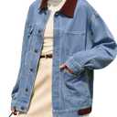Denim Jacket for Women Contrast Collar Oversized Jean Jacket Women Long Sleeve Button down Barn jackets Coat (Medium, Blue)