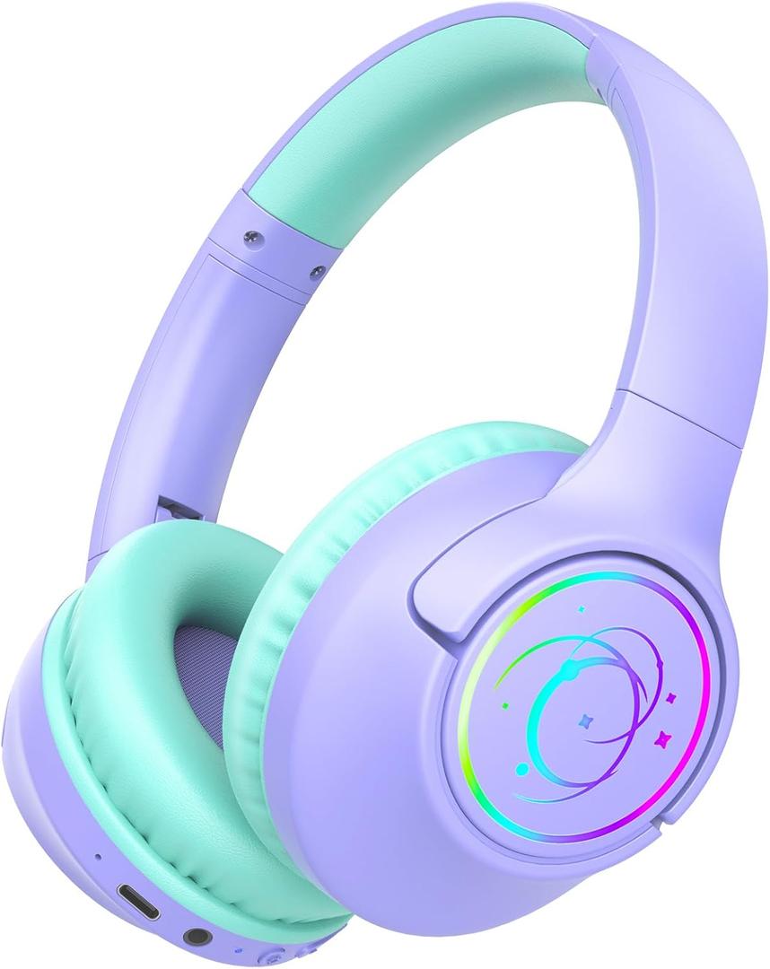 Kids Bluetooth Headphones, 85H Playtime Wireless Headphones for Kids, Colorful LED Lights, 85/94dB Safe Volume Limit, Bluetooth 5.4 Built-in Mic Toddler Headset for Tablet/Airplane (Purple)