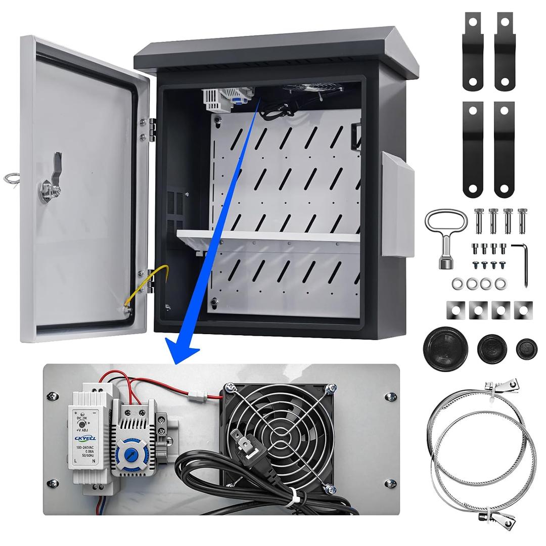 Waterproof Outdoor Electrical Box with Thermostat & Fan, 15.7" H x 11.8" L x 7.9" W Metal Enclosure, Vented NEMA Box for CCTV, Camera, Security System