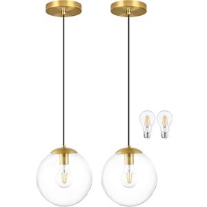 KoKo&Yukina 8" Clear Glass Pendant Lights Kitchen Island 2 Pack Modern Globe Pendant Light Mid-Century Modern Gold Pendant Light Fixtures for Dining Room Bedroom Entryway Hallway (Bulb Included), 8 inch - standard