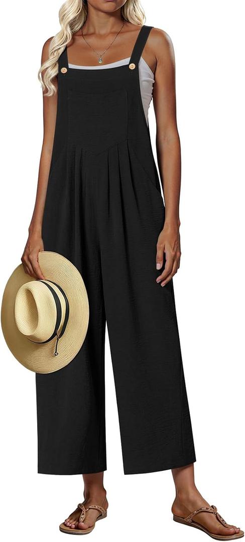Anydoll Women's Overalls 2025 Summer Jumpsuits Casual Loose Sleeveless One Piece Adjustable Rompers With Pockets (X-Large, Black)