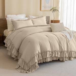 Masaca Ruffled Comforter Set Queen,3-Piece Farmhouse Shabby Boho Chic Bedding,Ultra Soft Linen Feel Textured Bed Comforter Set (1 Ruffle Comforter+2 Pillow Shams)