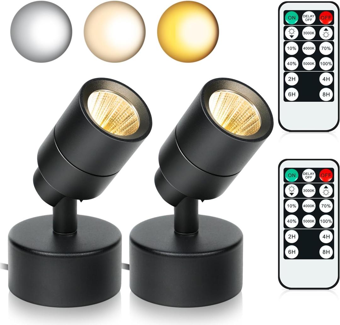 2 Pack LED Spotlight, 3W Uplighting with Remote Control Dimmable and Timer, 3 Lighting Modes Floor Spot Lights for Plants, Pictures, Artwork - Indoor Accent Light with 5.9 FT Plug Cord (Black)