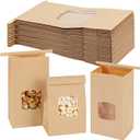 Moretoes 100pcs Small Bakery Cookie Bags with Window, Brown Kraft Paper Bags for Homemade Bread Cookie, 3.5x2.2x6.7in Tin Tie Tab (Mini)
