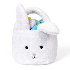 Easter Baskets for Kids,Plush Egg Hunting Easter Buckets with Handle Folded Ears, Gifts Boys Girls (White)