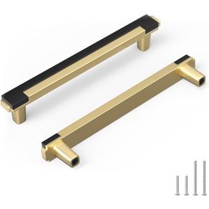 Rergy 5 Pack 5 Inch Black and Gold Cabinet Pulls Gold Drawer Pulls Kitchen Cabinet Handles Black Drawer Handles Zinc Alloy Square Hardware for Cupboard, 128mm Hole Center