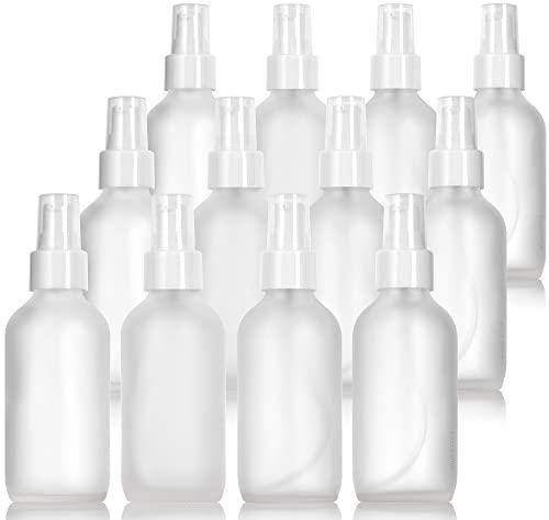 JUVITUS 4 oz / 120 ml Frosted Clear Glass Boston Round Bottle with White Treatment Pump BPA Free Refillable Empty Storage Containers (11 Pack) + Travel Foamer