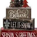 4 Pcs Christmas Table Decor Christmas Tree Centerpiece Rustic Decorative Tree Block Signs Gift Winter Tiered Tray Decor Farmhouse Winter Tabletop Decoration for Home Xmas Party Kitchen Shelf