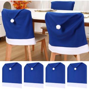 Christmas Chair Covers Set of 4 Santa Claus Hat Chair Back Covers Xmas Slipcover for Christmas Kitchen Dinning Room Decoration Table Decor (Blue)