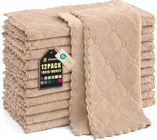 Homaxy 12 Pack Kitchen Dish Cloths (10 x 10 Inches, Tan), Super Soft and Absorbent Coral Velvet Dish Towels, Nonstick Oil Fast Drying Microfiber Cleaning Cloth, No Lint Household Dishcloths