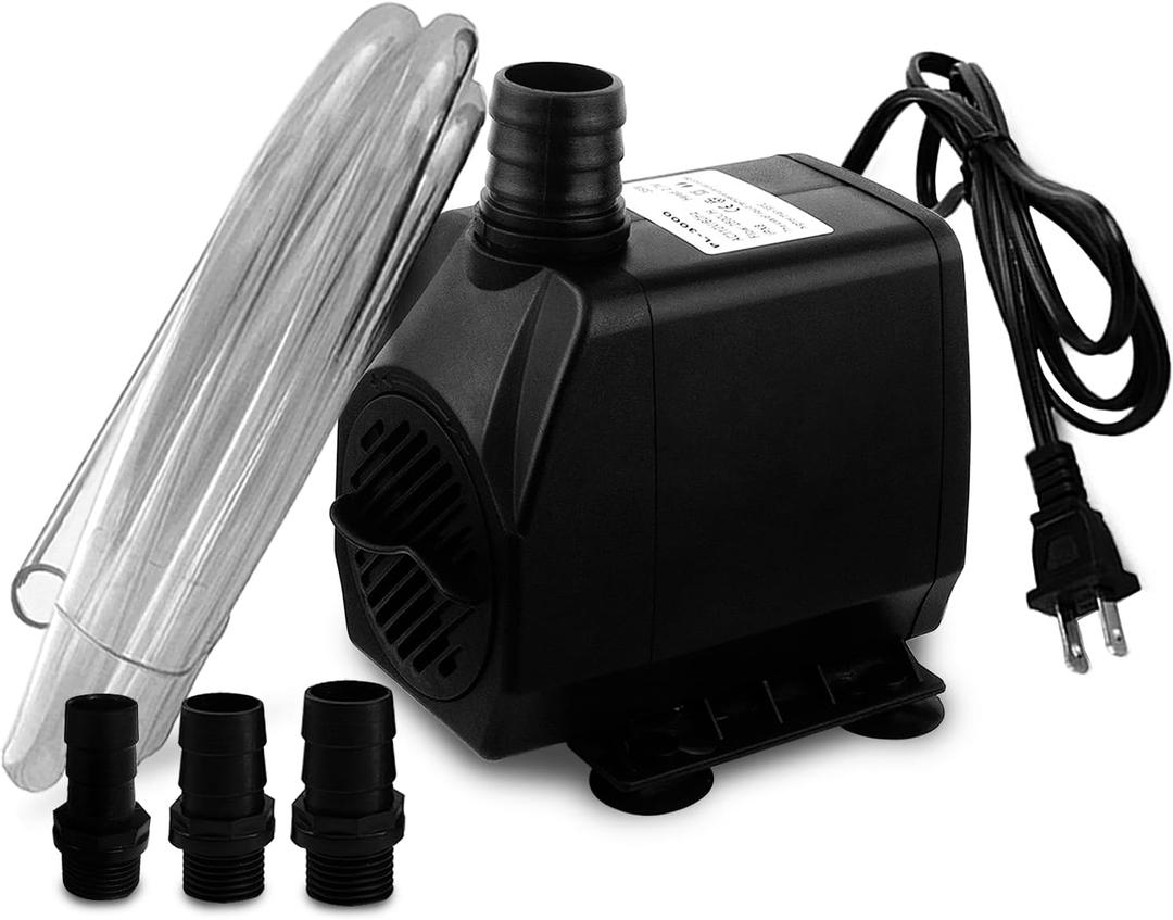PULACO Large Flow: 800GPH3000L/HSubmersible Pump with 6.5 ft Tubing, 45Watt Durable Fountain Water Pump With 4 Nozzles For Above 80 gallons Fish Tank or Pond