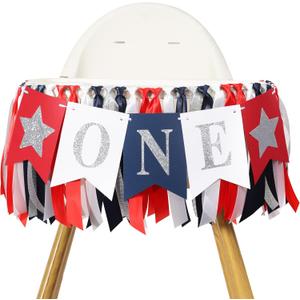Red White and Blue 1st Birthday Highchair Banner - Patriotic First Birthday Party Decoration, Independence Day ONE Highchair Banner for Baby, Fourth of July Photo Props Cake Smash, 4th of July Party Supplies (Multicolor)
