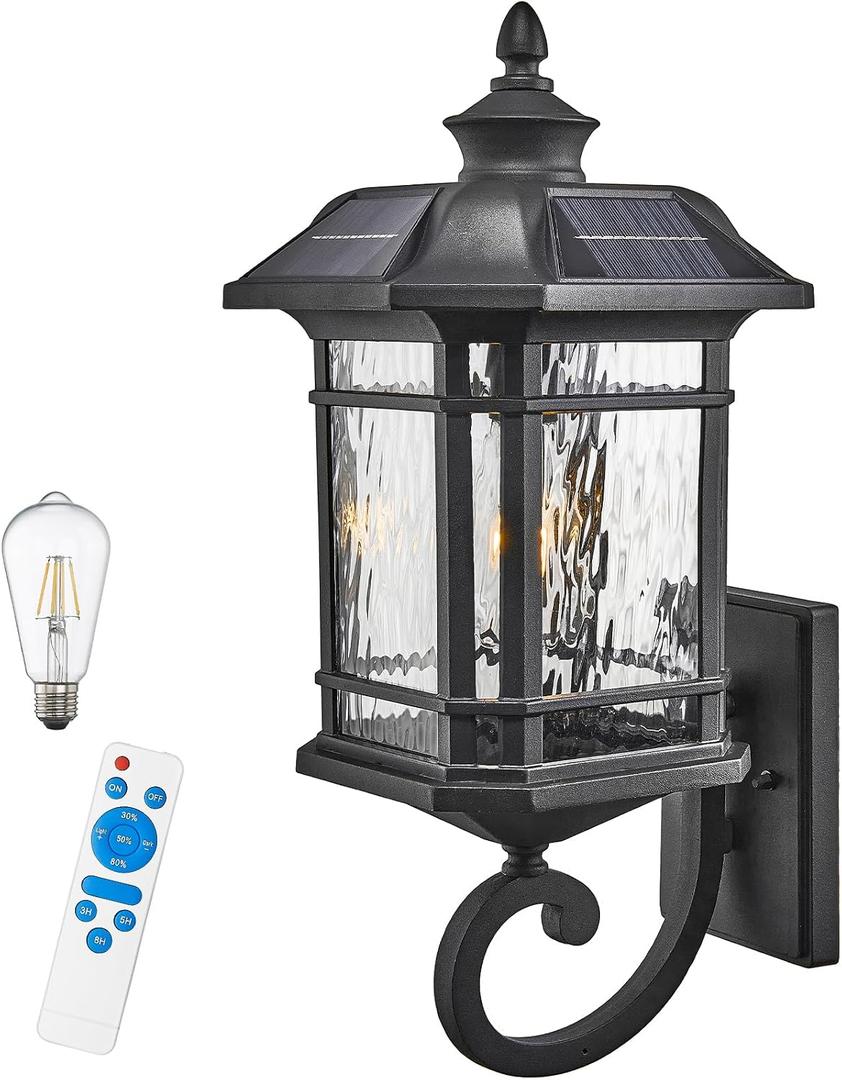 Outdoor Solar Wall Light Dusk to Dawn Solar Porch Light with Water Ripple Glass 20 Inch Height Large Size Outdoor Wall Sconce for Garage Porch Front Door Black Finish and Waterproof
