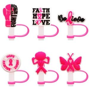 6Pcs Breast Cancer Awareness Straw Covers Cap Toppers for Stanley Cup 40 Oz Tumbler with Handle, 10mm 0.4in Dust-Proof Reusable Straw Tips Lids
