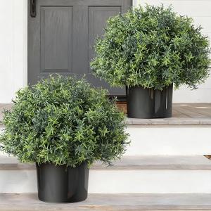 2 Sets Artificial Rosemary Topiary Ball Trees for Front Door UV Resistant Faux Outdoor Rosemary Bushes, Fake Spring/Summer Greenery Potted Plants for Farmhouse Garden Porch Outside Decor, 17"D x 17"W x 17"H