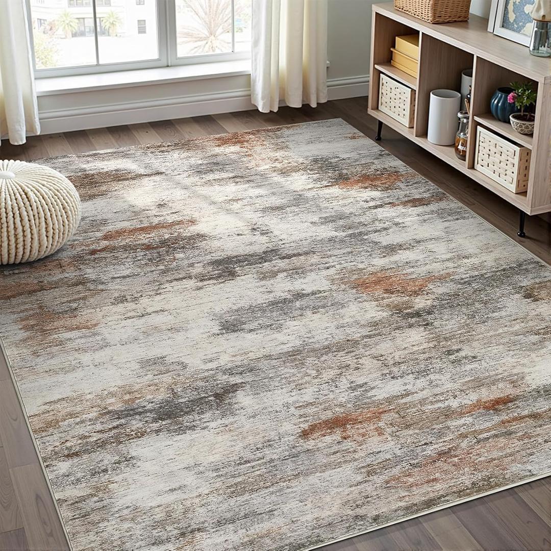 Area Rugs for Living Room: 5x7 Washable Neutral Modern Rug for Bedroom Large Soft Abstract Dining Room Rugs Indoor Floor Low Pile Carpet for Home Office Nursery - Rust Grey